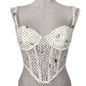 olivaceous whiite and black lace polka dot and floral print corset style top